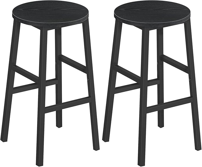 MAHANCRIS Bar Stools, Set of 2 Round Bar Chairs with Footrest, 24.4 Inch Kitchen Breakfast Bar Stools, Industrial Bar Stools, Easy Assembly, for Dining Room, Kitchen, Black BAHB0201