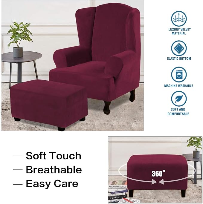H.VERSAILTEX Real Velvet Plush 1 Piece Form Fit Stretch Rectangle Folding Storage Covers Ottoman Slipcovers Removable Footstool Protect Footrest Covers Elastic Bottom Washable(Large, Burgundy)