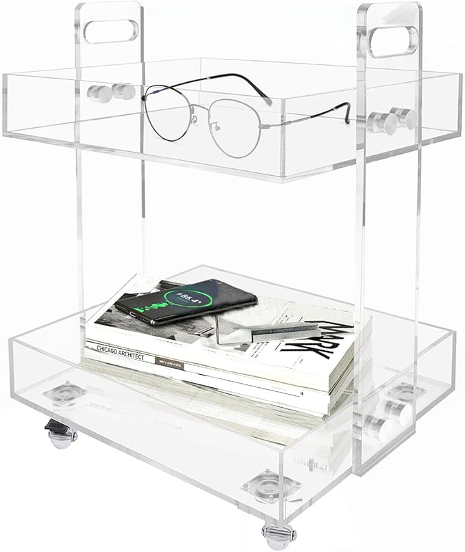 2-Tier Acrylic Cart Clear Acrylic Rolling Nightstand on Wheels Modern Side/End for Bedroom Bedside for Home Small Spaces Dining Room Tea Wine Holder Serving Cart Furniture