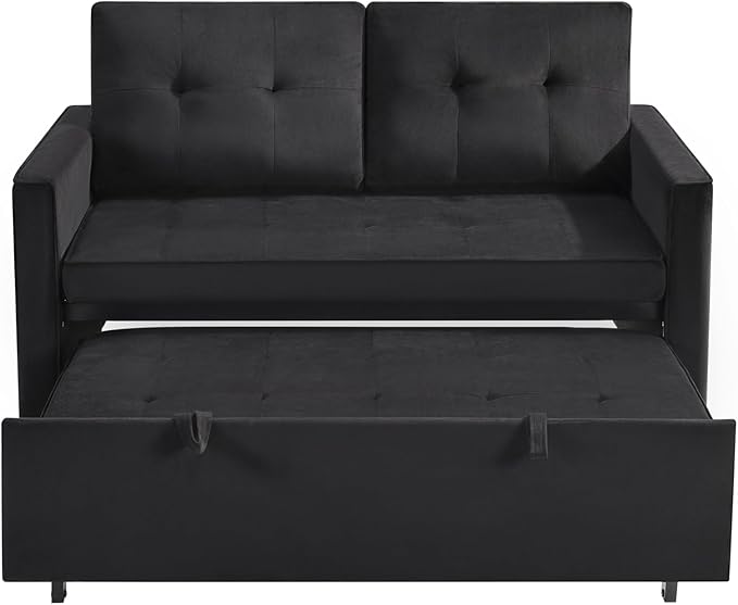 Sofa Bed, Pull Out Couch with Side Pockets, 3 in 1 Velvet Fabric Loveseat Sleeper Sofa Bed, Pull Out Couch with Adjustable Backrest for Living Room, Bedroom, Apartment, Black, 53 Inch
