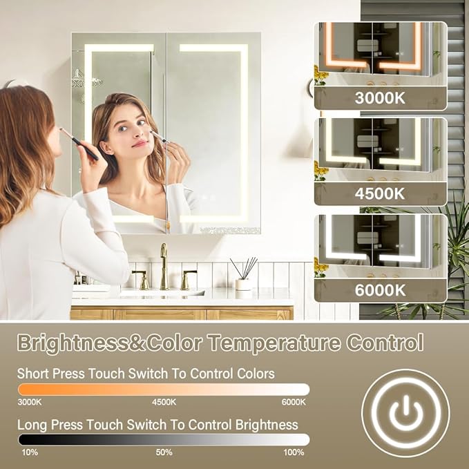 LED Medicine Cabinet,Bathroom Mirror Cabinet with Lights,30×32inch,Equip with Internal Light,Aluminum Construction,USB Shaver Socket,3 Color,Dimmer,Demister,Surface Mounted and Recess Mounted