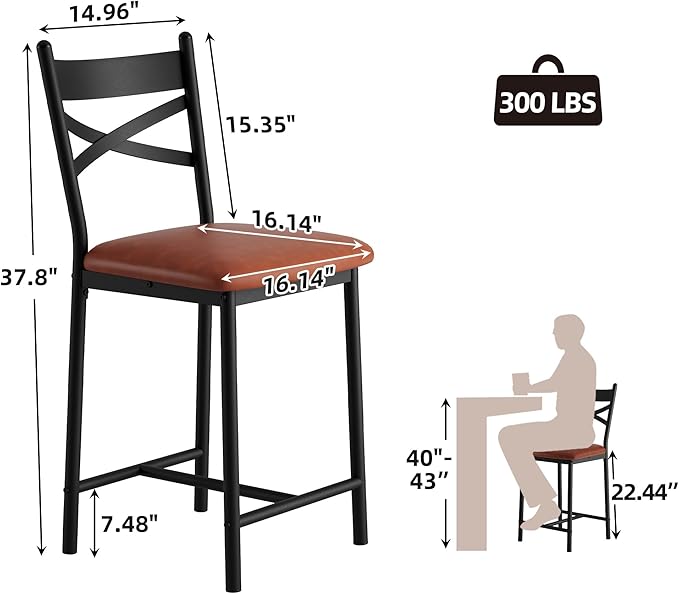 IDEALHOUSE 24" Counter Height Bar Stools Set of 2, Upholstered Bar Chairs with Back, Thick Cushion, Counter Height Barstools for Kitchen Island Apartment Counter Bar (2)