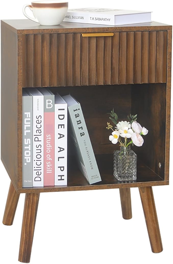 Fultyle Mid Century Modern Nightstand, Wood Bedside Table with Drawer and Opening Storage, End Table Living Room Fluted Night Stand with Solid Wood Legs for Bedroom (Rustic Brown)