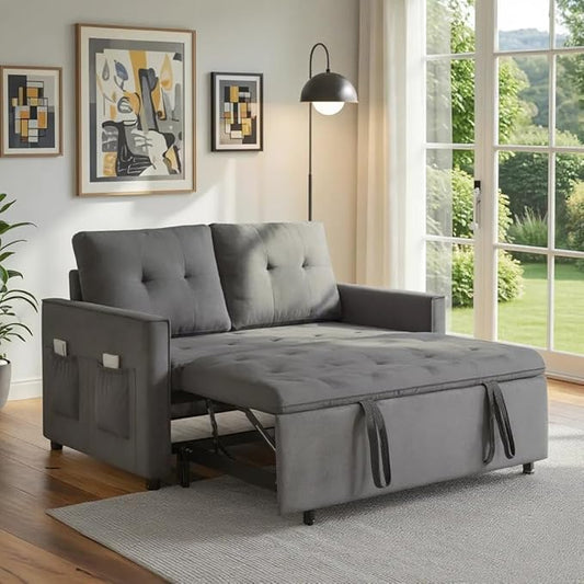 Sofa Bed, Pull Out Couch with Side Pockets, 3 in 1 Velvet Fabric Loveseat Sleeper Sofa Bed, Pull Out Couch with Adjustable Backrest for Living Room, Bedroom, Apartment, Gray, 53 Inch