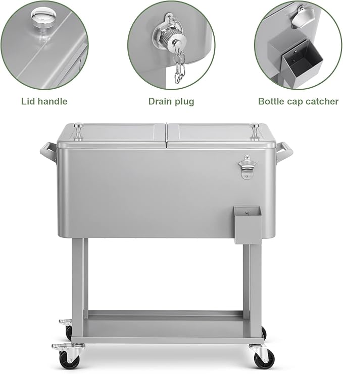 80 Quart Rolling Ice Chest Cooler Cart,Patio Backyard Party Drink Beverage Bar Stand Up Cooler Trolley with Ice Scoop