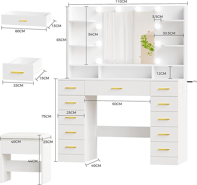 BEWISHOME Vanity Desk with Mirror and Lights,Makeup Vanity Table with Power Outlet,3 Color Modes,White Vanity Set with 11 Drawers,6 Open Shelves and Storage Stool,Dressing Table for Bedroom FST50W