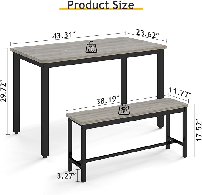 Rovibek Dining Table Set for 4 with 2 Benches – Space-Saving Kitchen Table Set for Kitchen & Dining Room, Grey