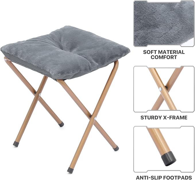 MoNiBloom Round Folding Faux Fur Saucer Chair for Bedroom Living Room Dorm Foldable Metal Frame Oversized Large Comfy Furry Padded Soft Cozy Moon Chair with Footrest Ottoman for Adults (Gray)