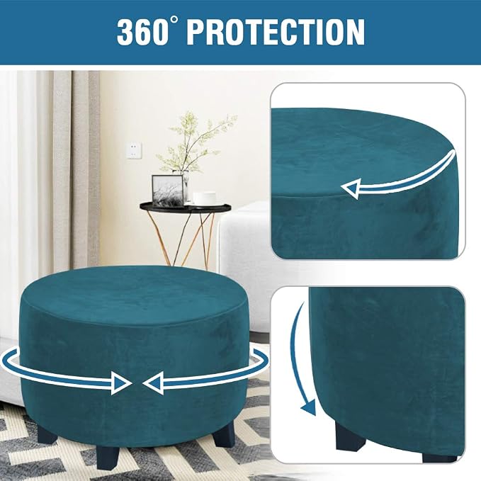 H.VERSAILTEX Round Ottoman Slipcover Ottoman Covers Slipcover Footstool Protector Covers Storage Stool Ottoman Covers Stretch with Elastic Bottom, Feature Real Velvet Plush Fabric (Medium, Deep Teal)
