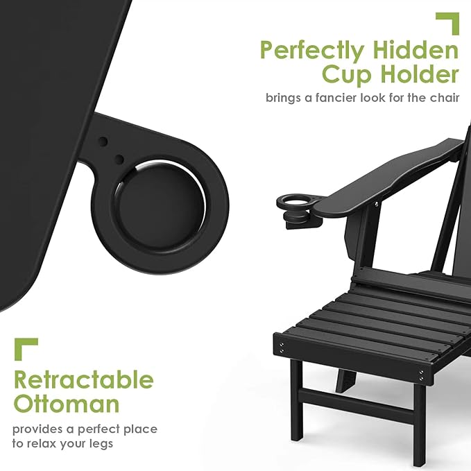 GREENVINES Adirondack-Chairs-with-Ottoman | Set of 4 | Folding | Retractable-Footrest | HDPE Plastic | All Weather Fire Pit Chair | Cup Holders | Black | for Outdoor Poolside