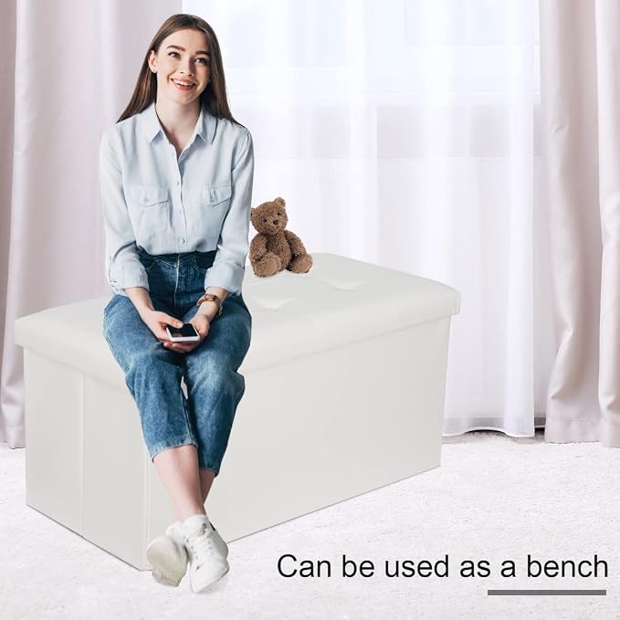 ZenStyle 30Inches Storage Ottoman Bench, Folding Footrest Stool, Storage Chest Long Shoes Bench with Foam Padded Seat, Holds up to 350 lbs, for Living Room, Entryway, Bedroom(White, 30 inches)