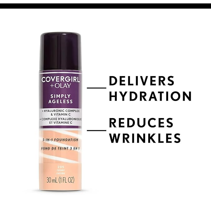 COVERGIRL & Olay Simply Ageless 3-in-1 Liquid Foundation, Matte Finish, Hyaluronic & Vitamin C Formula, 255 Soft Honey, 1 Count