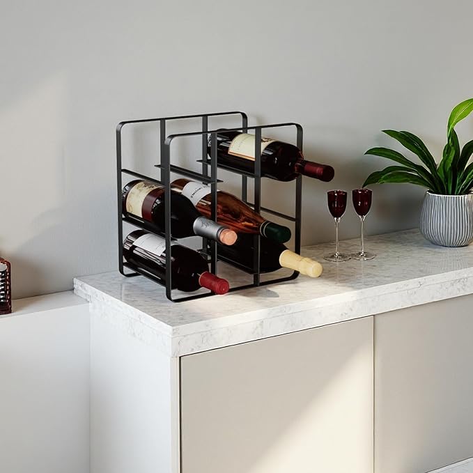 Buruis 9-Bottle Wine Rack, Modern Metal Countertop Wine Holder Stand for Kitchen, Pantry & Cabinet Storage, No Assembly Required, Black