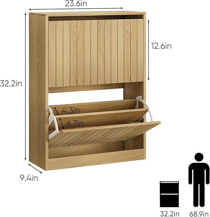 Shoe Storage Cabinet Set of 2 with Vertical Groove Doors Flip Drawers, Narrow Shoe Cabinet Storage for Entryway, Freestanding Shoe Organizer Cabinet, Slim Shoe Rack Cabinet (Oak)