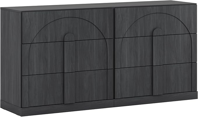BELLEZE Sideboard Cabinet with 3 Drawers, Set of 2 Modern Wood Buffet Cabinet with Arc Design, Large Fluted Sideboard with Storage for Dining Room Living Room Entryway, Ebony