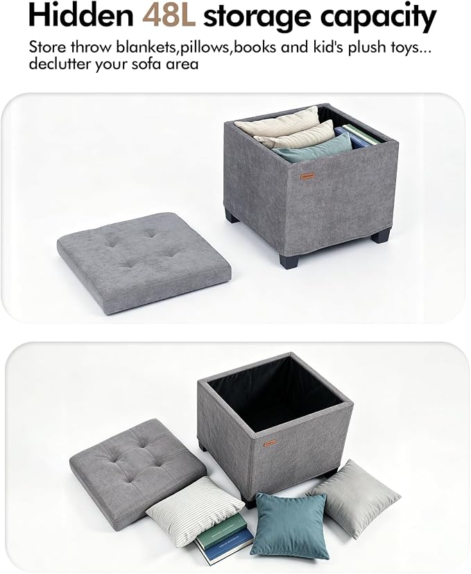 ABHENG Chenille Cover Steel Frame Ottoman with 48L Storage,17.7" x 17.7" x 17.7" Square Linen Storage Ottoman Stool Cube with Legs,for Dorm Livingroom Gray UASND641G