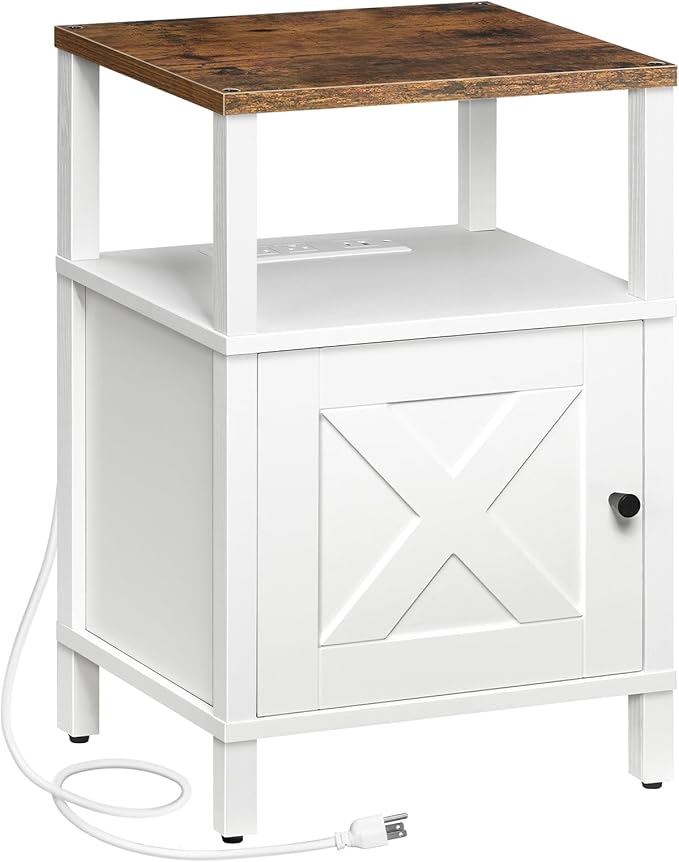 MAHANCRIS Farmhouse Nightstand with Charging Station, White Night Stand End Table with USB, Bedside Table with Storage Cabinet, Modern Side Table for Bedroom, Small Space, Rustic Brown ETRW96E01