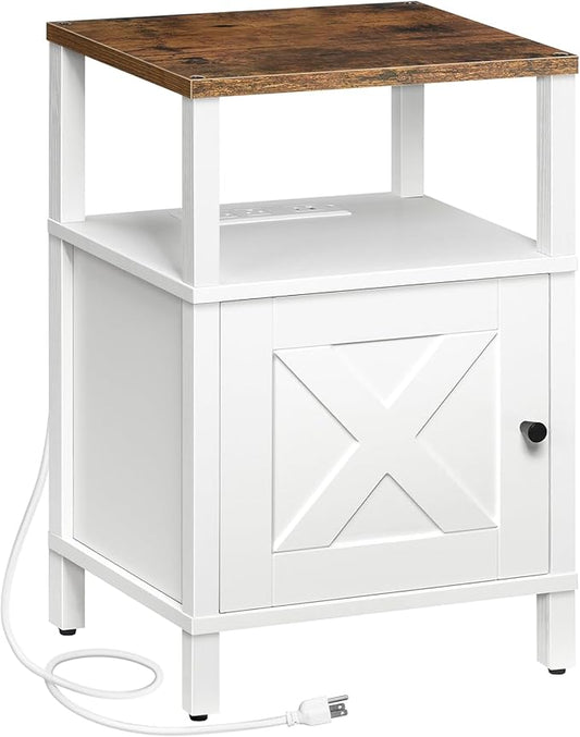 MAHANCRIS Farmhouse Nightstand with Charging Station, White Night Stand End Table with USB, Bedside Table with Storage Cabinet, Modern Side Table for Bedroom, Small Space, Rustic Brown ETRW96E01