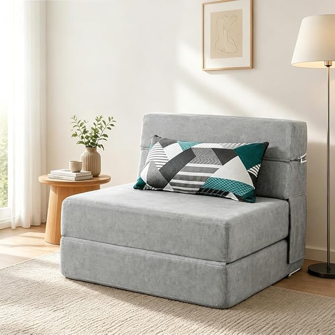 ANONER Folding Sofa Bed Couch Memory Foam Fold Out Chair Bed with Pillow, Single Size Convertible Sofa Bed Futon Sleeper Chair, Light Gray