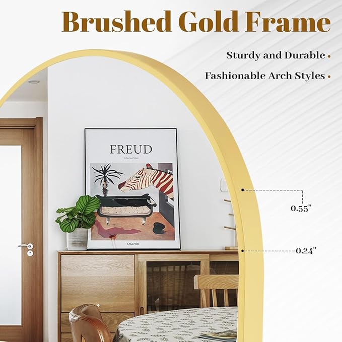 VooBang Arched Wall Mirror, 20 x 30 inch Arch Bathroom Mirror, Wall Mounted Vanity Mirror with Arch Metal Frame, Modern Bathroom Vanity Mirror for Bedroom, Living Room, Hanging or Leaning, Gold