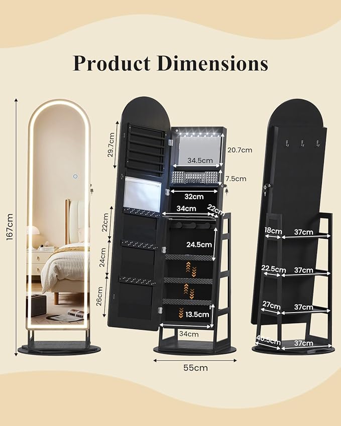 LVSOMT LED Arched Mirror Jewelry Cabinet Standing, Lockable Jewelry Armoire, Full-Length Mirror with Storage, Space-Saving Jewelry Organizer Mirror, Foldable Makeup Shelf, Gift for Women(LED Black)
