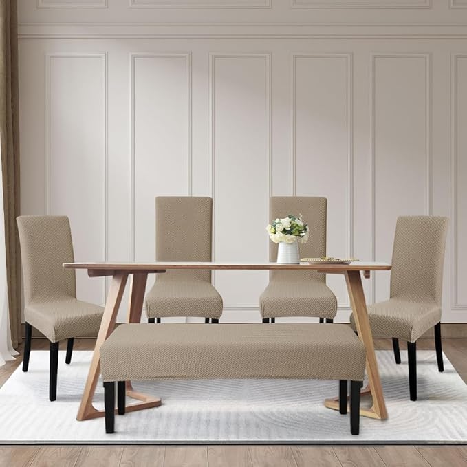 FORCHEER Dining Chair Covers and Bench Covers Set Waterproof Jacquard Camel 4 Dining Room Chair and Bench Slipcover Washable-Light Brown