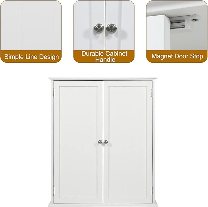 27.6in Length Bathroom Cabinet Wall Mounted,Over Toilet Storage Cabinet with 2 Doors and Adjustable Shelves,Wood Medicine Cabinet for Bathroom, White