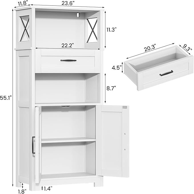 Saudism 55" Tall Farmhouse Kitchen Pantry Cabinet, Rustic Wooden Storage Cupboard with Doors, Shelves & Drawer, White for Kitchen & Dining Room, White
