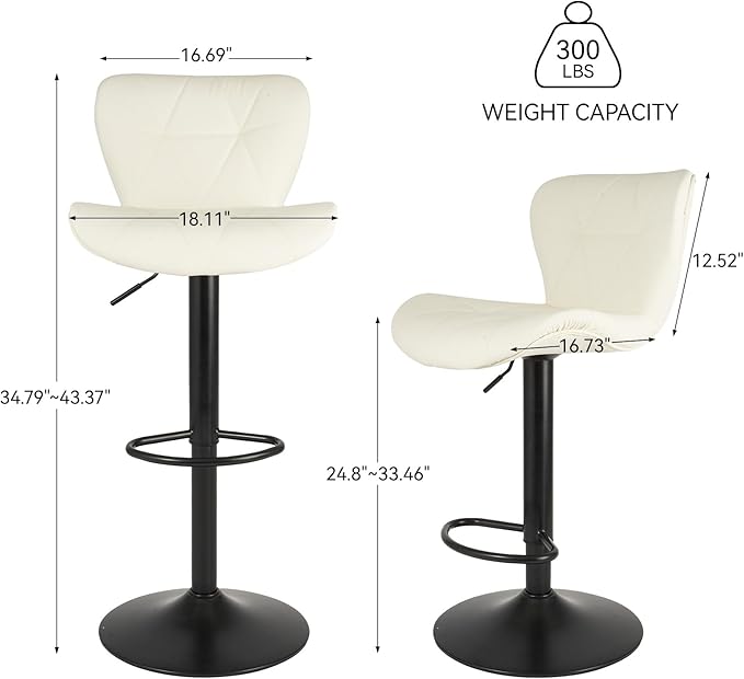 Nalupatio Modern Bar Stools Set of 4, Adjustable Faux Leather Upholstered Swivel Bar Stools, Counter Bar Chairs with Back for Kitchen Island, Cream White