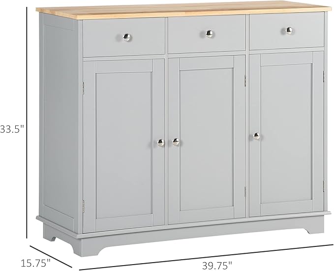 HOMCOM Sideboard Buffet Cabinet with Solid Wood Countertop, Modern Kitchen Storage Cabinet, Coffee Bar Cabinet with 3 Drawers, Doors and Adjustable Shelf, Gray