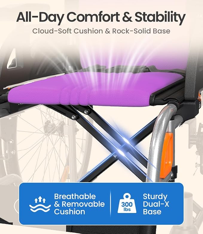 VOCIC Ultra Lightweight Wheelchair for Adults, 23lb Frame Portable Foldable Self-Propelled Wheelchairs for Seniors with Quick Release Wheels, Swing-Away Footrests,Flip-Back Arm, 300 lbs Purple