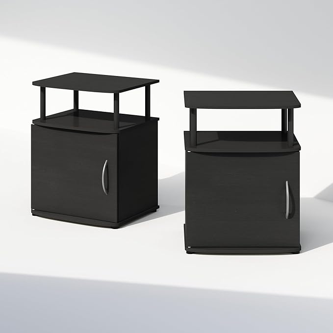 Furinno TIDUR Night Stand Set of 2, Nightstand with Open Shelf and Door Cabinet, Round Corner Bedside Table, End Table, Side Table, for Bedroom, Closet, Dorm, Black