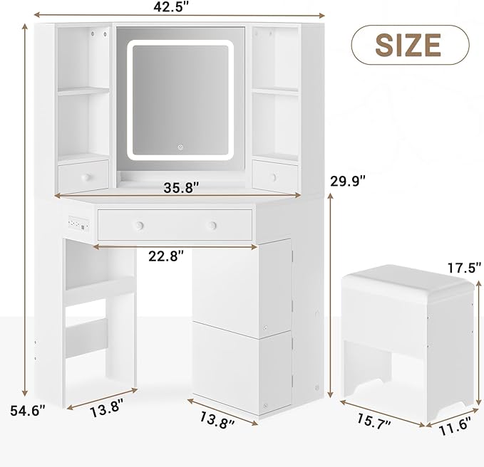 BTHFST Corner Vanity Desk with Lights and Charging Station, Makeup Vanity with Lights, Vanity Set with Mirror and Storage Stool, Makeup Table with Drawers, Rotating Shelves, White