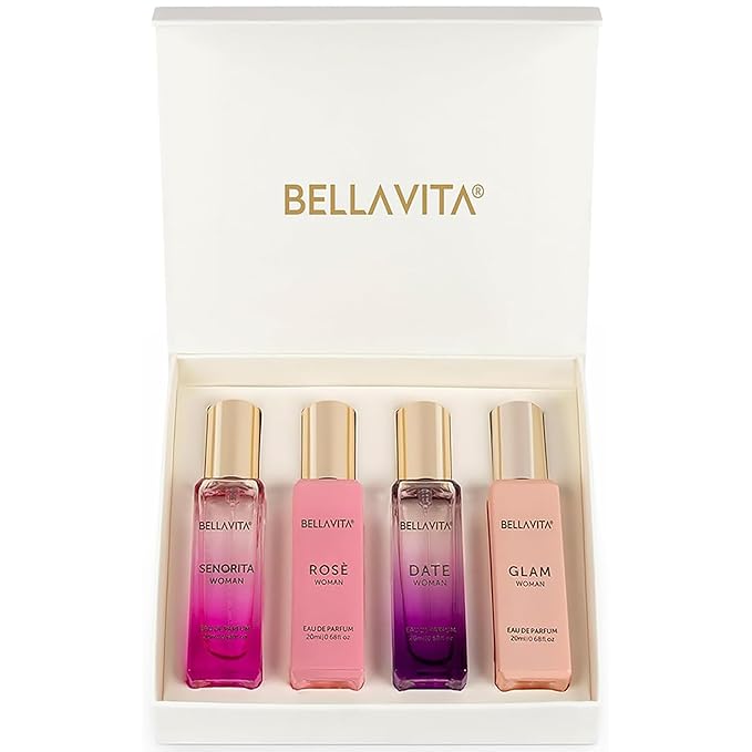 Bellavita Luxury Women's Perfume Gift Set with Rose, Senorita, Date, and Glam | 80ml | Perfume for Women | Pink Pepper, Yuzu, Floral Peach, and African Orange Notes | Long Lasting Women's Fragrance