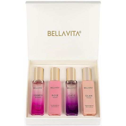 Bellavita ラグジュアリー レディース香水ギフトセット (ローズ、セニョリータ、デート、グラム) | 80ml | 女性用香水 | ピンクペッパー、ゆず、フローラルピーチ、アフリカンオレンジの香り | 長時間持続する女性用フレグランス