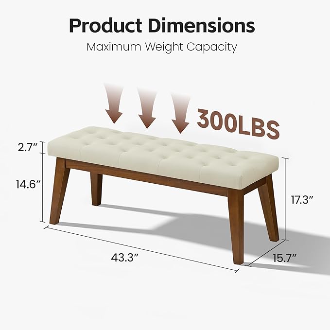 43.5" Upholstered Bedroom Bench, Faux Leather Entryway Bench with Solid Wood Legs, End of Bed Bench with Cushion, Tufted Button Dining Bench for Living Room, Bedroom, Hallway, Beige