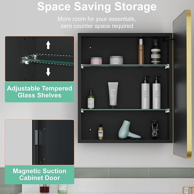16x28 Inch Medicine Cabinet with Mirror, Recessed or Surface Mount Bathroom Medicine Cabinet with LED Lights, Anti-Fog, Memory Function, Adjustable Shelf, Dimmable Light, ETL Listed, Gold,Right Hinge