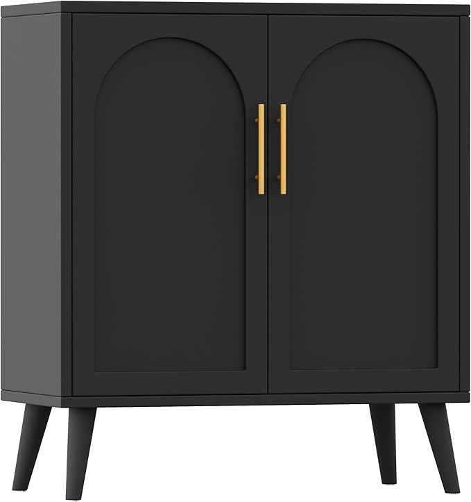 Keehusux 15.7" D Black Buffet Cabinet with Storage, Accent Buffet Sideboard with Adjustable Shelf and Solid Wood Legs, Modern Floor Storage Cabinet for Kitchen, Living Room, Black