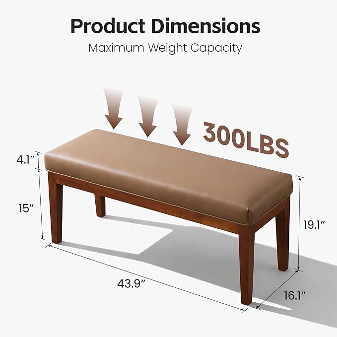 43.5" Upholstered Bedroom Bench, Faux Leather Entryway Bench with Solid Wood Legs, End of Bed Bench with Cushion, Dining Bench for Living Room, Bedroom, Hallway, Brown