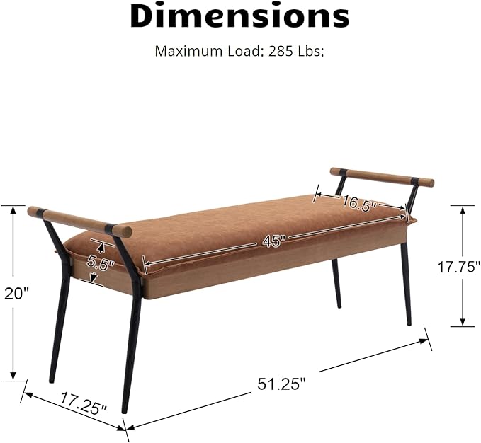 HEAH-YO Modern Dining Bench, 51 Inches Entryway Bench with Armrests, Upholstered PU Leather End of Bench for Bedroom, Brown
