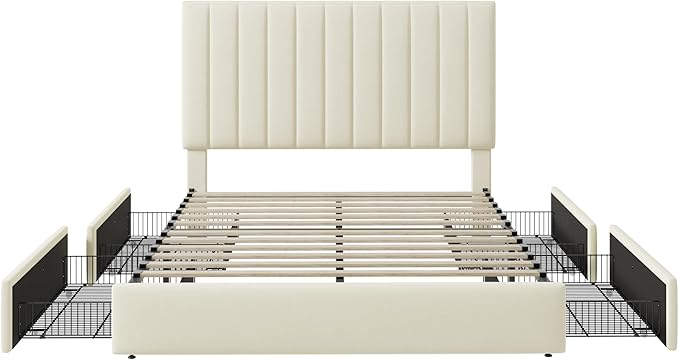 Allewie Queen Size Storage Bed Frame, Vertical Channel Tufted Adjustable Headboard, Velvet Upholstered Platform Bed with 4 Oversized Underbed Drawers, Wooden Slats Support, No Box Spring Needed, Cream