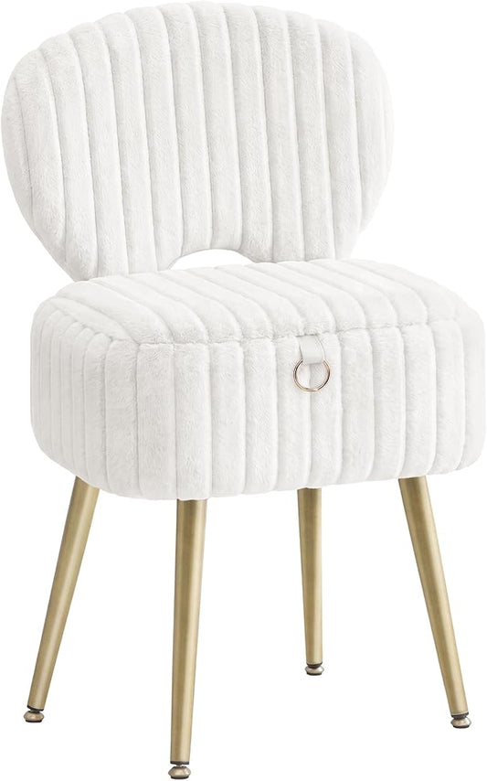 SONGMICS Small Vanity Chair with Storage and Folding Back, Vanity Stool, Footrest Footstool Ottoman, Dressing Table Stool, Furry Padded Seat, for Makeup Room, Bedroom, Cream White ULOM532WD01