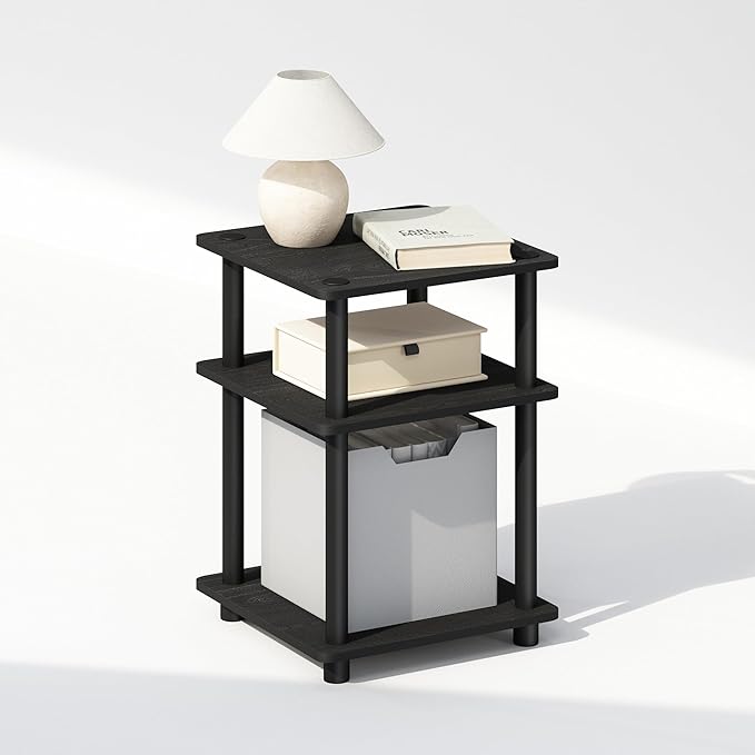Furinno Turn-N-Tube Night Stand, 3-Tier Nightstand with Open Shelf, Bedside Table, End Table, Side Table, for Bedroom, Closet, Dorm, Black