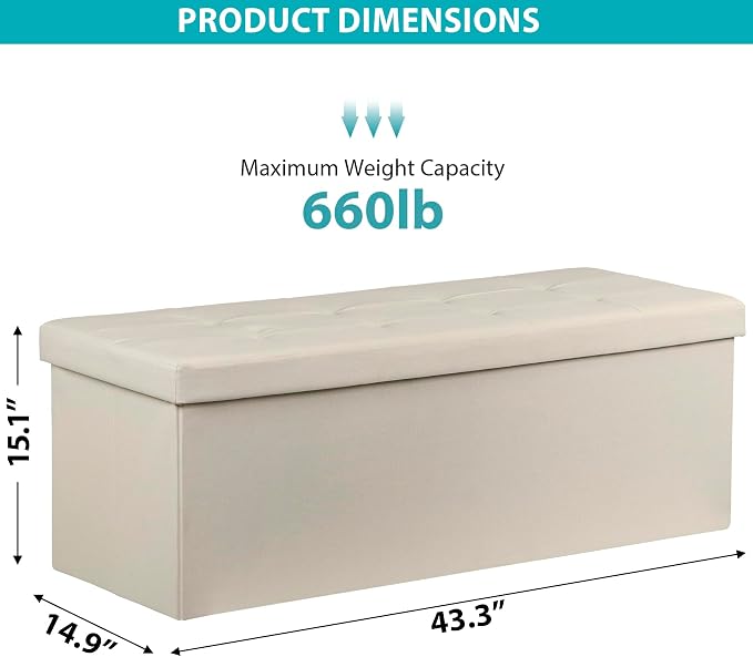 ZENY 43.3 Inches Folding Storage Ottoman Bench with Hidden Storage, Foot Rest Stool, Chest for Living Room, Bedroom (Beige, 15" D x 43.3" W x 15" H)