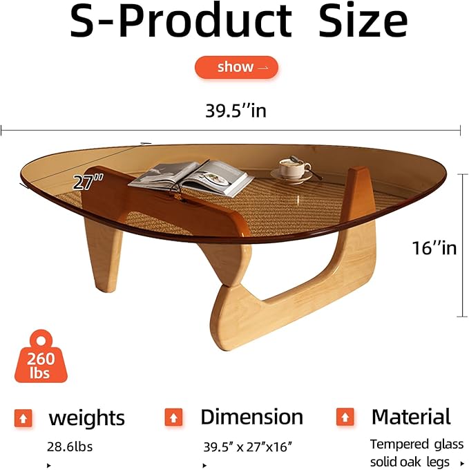 Mid Century Modern Glass Coffee Table, Coffee Table for Living Room, Noguchi Coffee Tables,Suitable for Bedroom Living Room Reception Office Tables (Wood/Brown, ML)