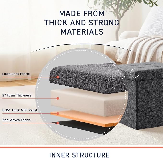 Ornavo Home 2 Pack 15 Inch Folding Storage Ottoman with Storage, Square Cube Linen Small Storage Ottoman Foot Rest Stool - Dark Gray