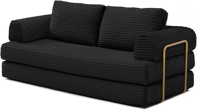 HANXIN 80 Inch Convertible Sleeper Sofa Bed, High Back Plush Corduroy Folding Floor Mattress Couch with Fixed-Shape Frame, Boneless Futon Loveseat with Pull Out Bed, No Assembly Required (Black)