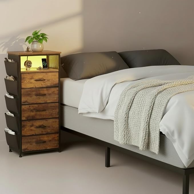 EnHomee Night Stand with 5 Drawers, Dresser with Charging Station and LED Light, Tall Nightstand with Extra Side Bag & Hooks, Bedroom, Closet, Hallway, Entryway, Rustic Brown