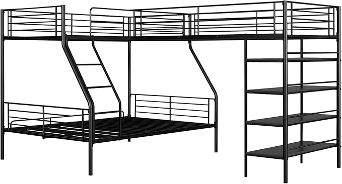 Bellemave Triple Bunk Beds, L-Shape Twin Over Full Bunk Bed Attached a Loft Bed with Desk, Triple Bunk Beds with Slide, Metal Corner Bunk Bed Frame for Three Kids Boys Girls Teens, Antique Black