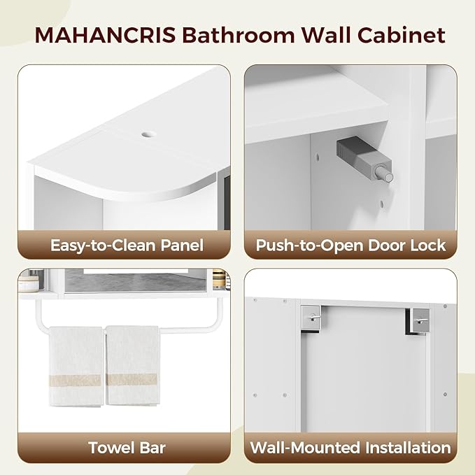 MAHANCRIS Bathroom Wall Cabinet with Mirror, Mirrored Medicine Cabinet with 3 Colors LED Light and 4 Open Shelves, Wall Mounted Storage Cabinets with Adjustable Shelf, 24.7"L x 6.7"W x 26.7"H, White